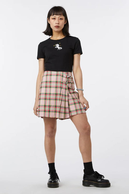 Image of a model wearing Skirts. Productname: SpringTartan Pleat Skort in Green colour by brand - Dangerfield
