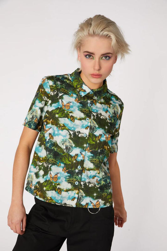 Image of a model wearing Tops. Productname: Scenic Cotton Blouse in Blue/Green colour by brand - Dangerfield