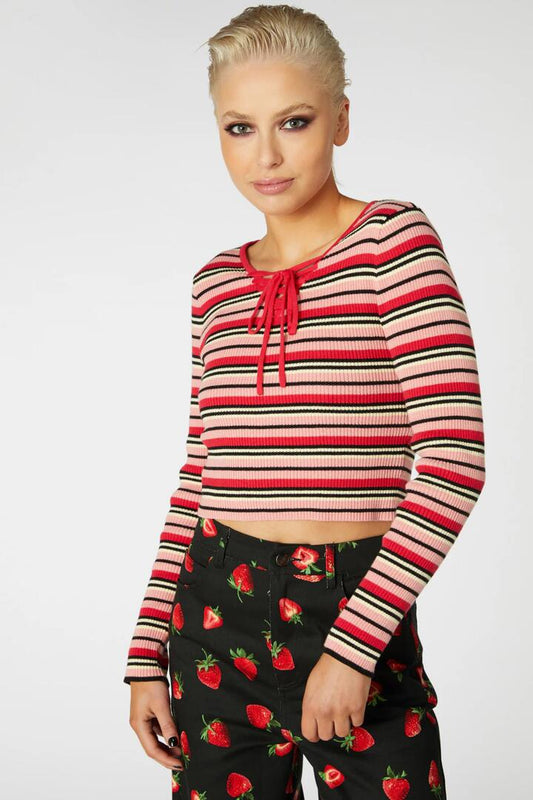Image of a model wearing Tops. Productname: 90S Fetch Stripey Crop Knit in Pink colour by brand - Dangerfield