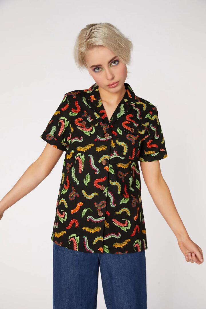 Image of a model wearing Tops. Productname: Caterpillar Cotton Shirt in Black colour by brand - Dangerfield