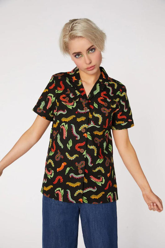Image of a model wearing Tops. Productname: Caterpillar Cotton Shirt in Black colour by brand - Dangerfield