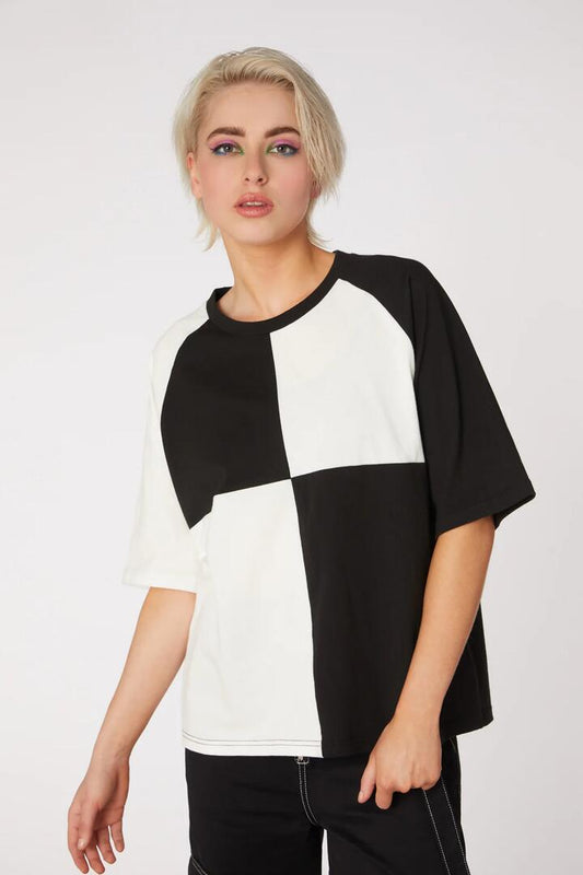Image of a model wearing Tops. Productname: Colourblock Raglan Tee in Green/Black colour by brand - Dangerfield