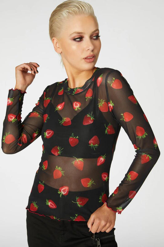 Image of a model wearing Tops. Productname: Strawberry Sheer Mesh Top in Black colour by brand - Dangerfield
