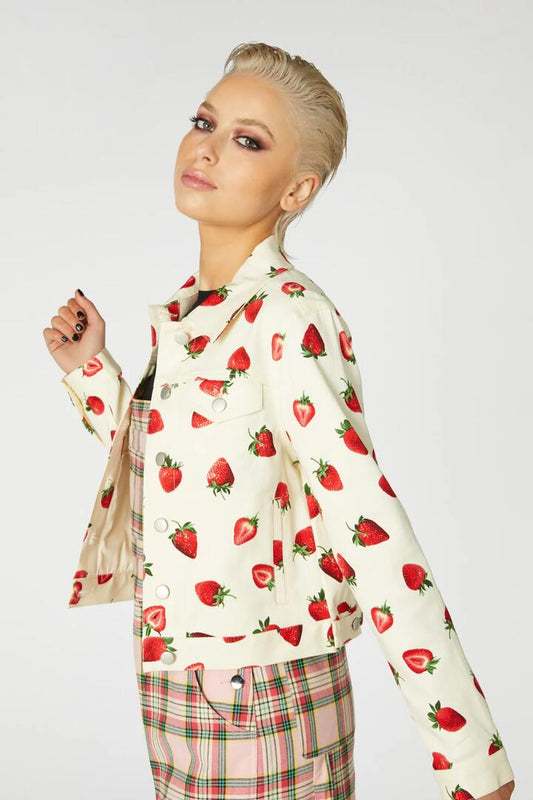 Image of a model wearing Outerwear. Productname: Strawberry Drill Jacket in Black colour by brand - Dangerfield