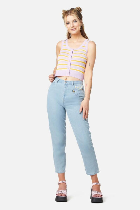 Image of a model wearing Tops. Productname: 90S Stripe Sleeveless Knit in Lavender colour by brand - Dangerfield