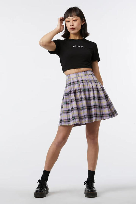 Image of a model wearing Skirts. Productname: Outsider Tartan Pleat Skirt in Lavender colour by brand - Dangerfield