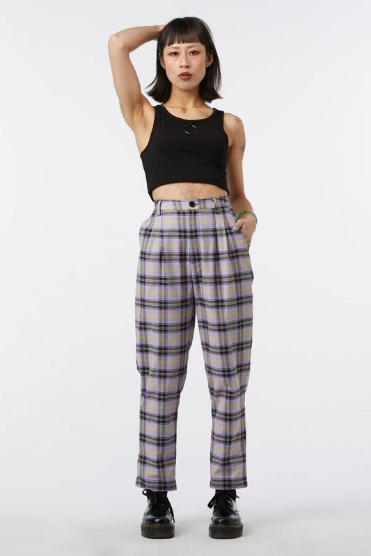 Image of a model wearing Pants. Productname: Outsider Tartan Pant in Lavender colour by brand - Dangerfield