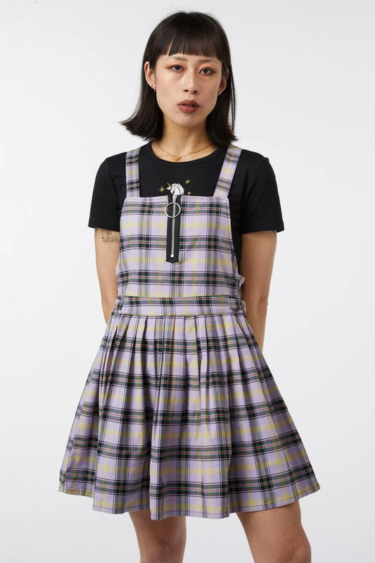 Image of a model wearing Dress. Productname: Outsider Tartan Pleat Pinny in Lavender colour by brand - Dangerfield