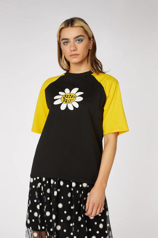 Image of a model wearing Tops. Productname: Daisy Raglan Cotton Tee in Black/Yellow colour by brand - Dangerfield