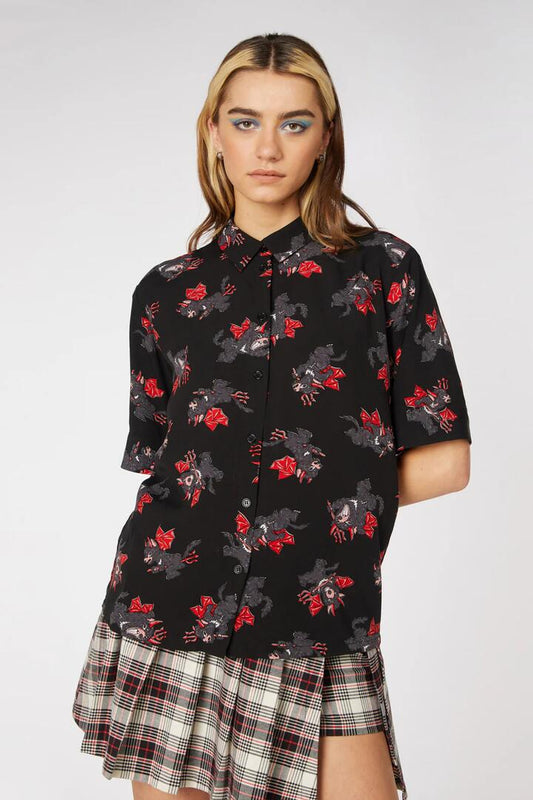Image of a model wearing Tops. Productname: Devil Loose Viscose Blouse in Black colour by brand - Dangerfield