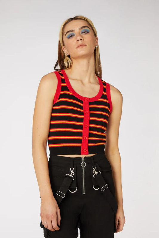 Image of a model wearing Tops. Productname: Fury Stripe Sleeveless Knit in Black/Red colour by brand - Dangerfield