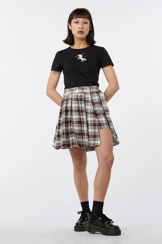 Image of a model wearing Skirts. Productname: Sass Tartan Pleat Skort in Cream/Black colour by brand - Dangerfield