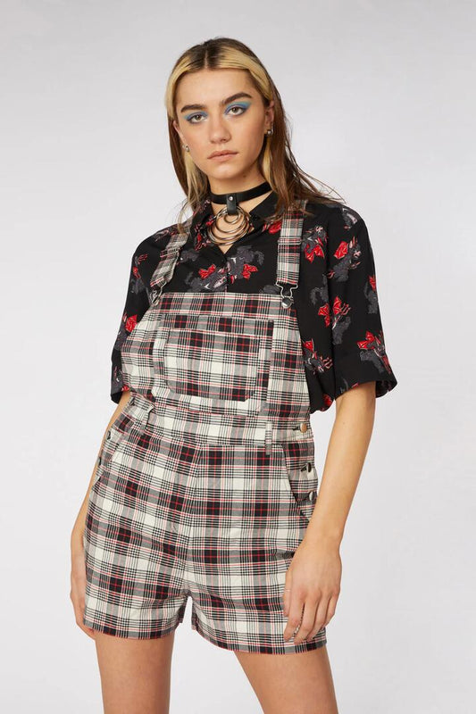 Image of a model wearing Pants. Productname: Sass Tartan Overall in Cream/Black colour by brand - Dangerfield