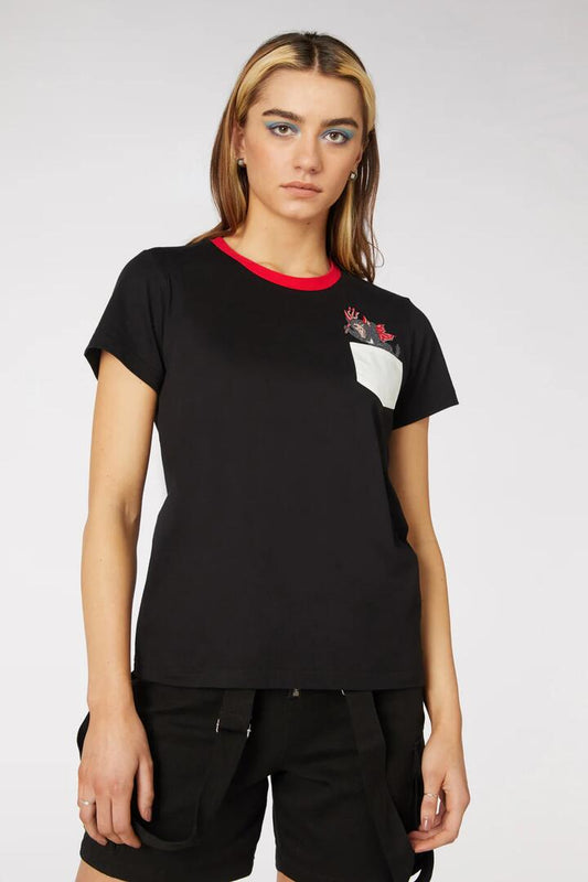 Image of a model wearing Tops. Productname: Tassie Devil Pocket Tee in Black colour by brand - Dangerfield