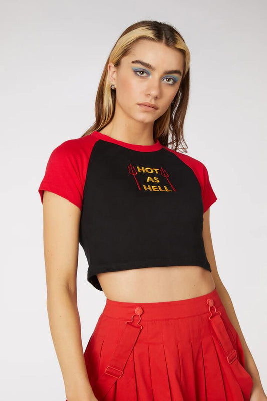 Image of a model wearing Tops. Productname: Hell Embroider Raglan Tee in Black/Red colour by brand - Dangerfield