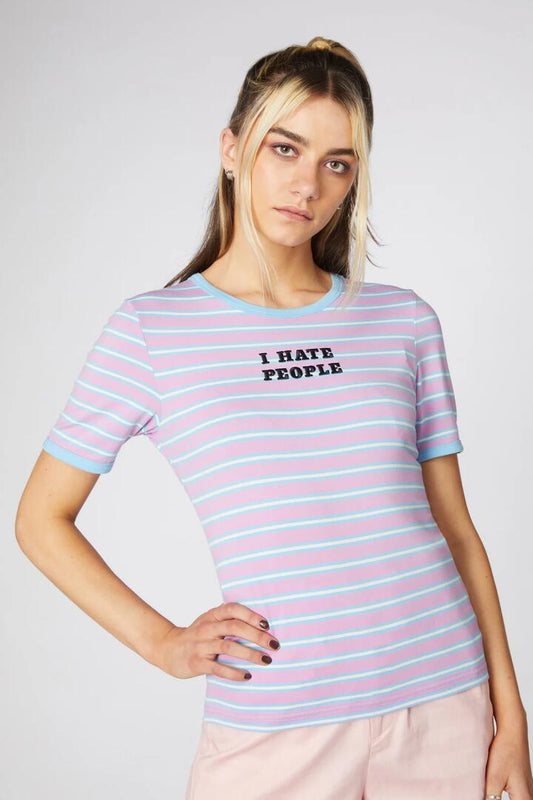 Image of a model wearing Tops. Productname: Stripe Slogan Jersey Tee in Pink/Blue colour by brand - Dangerfield