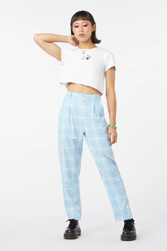 Image of a model wearing Pants. Productname: Tartan Mood Straight Leg Pant in Blue colour by brand - Dangerfield
