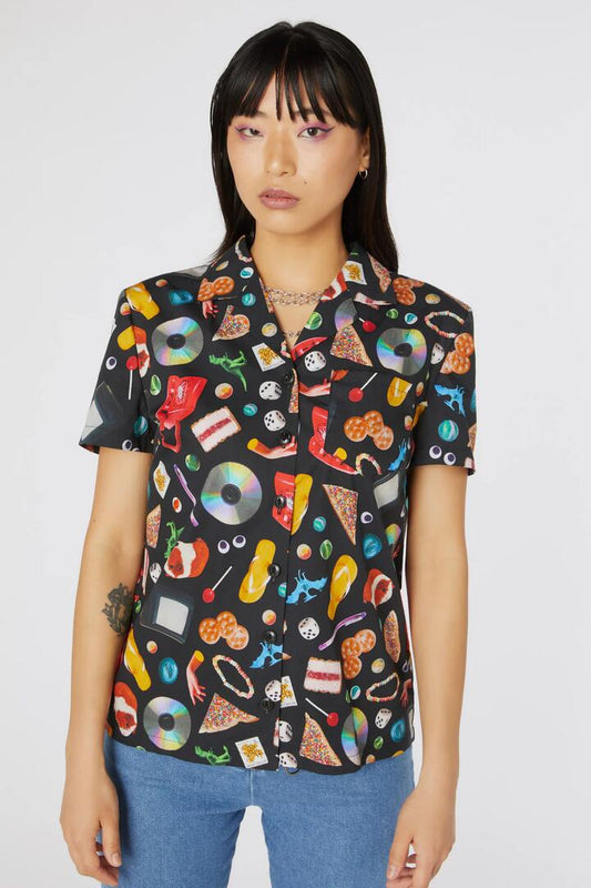Image of a model wearing Tops. Productname: Old Days Print Cotton Shirt in Black colour by brand - Dangerfield