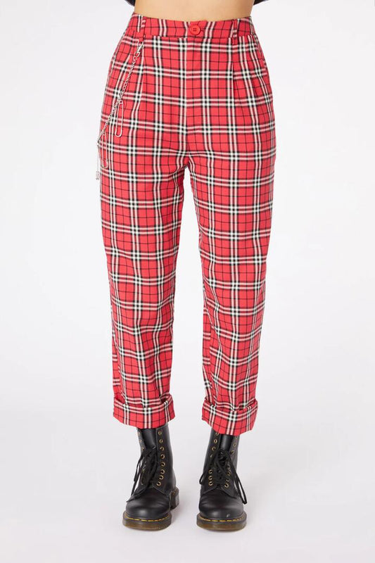 Image of a model wearing Pants. Productname: Nah Tartan Straight Leg Pant in Red colour by brand - Dangerfield