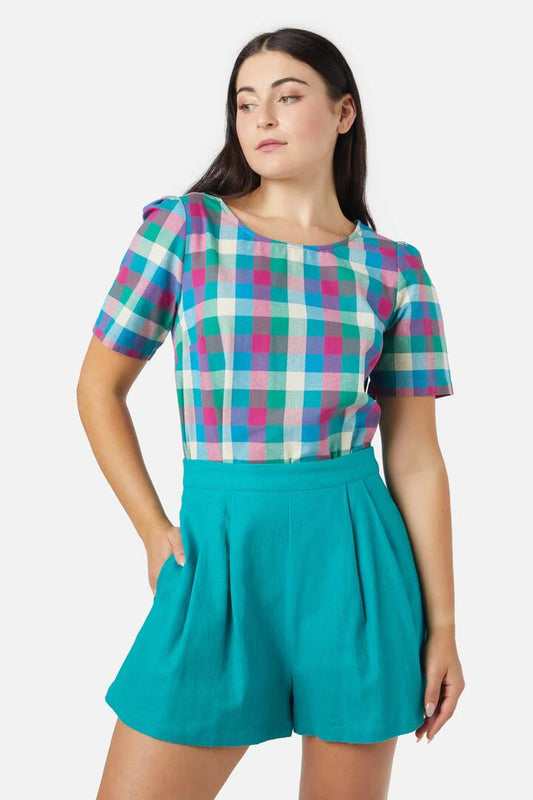 Image of a model wearing Tops. Productname: Karla Check Top in Ginger/Lilac colour by brand - Princess Highway