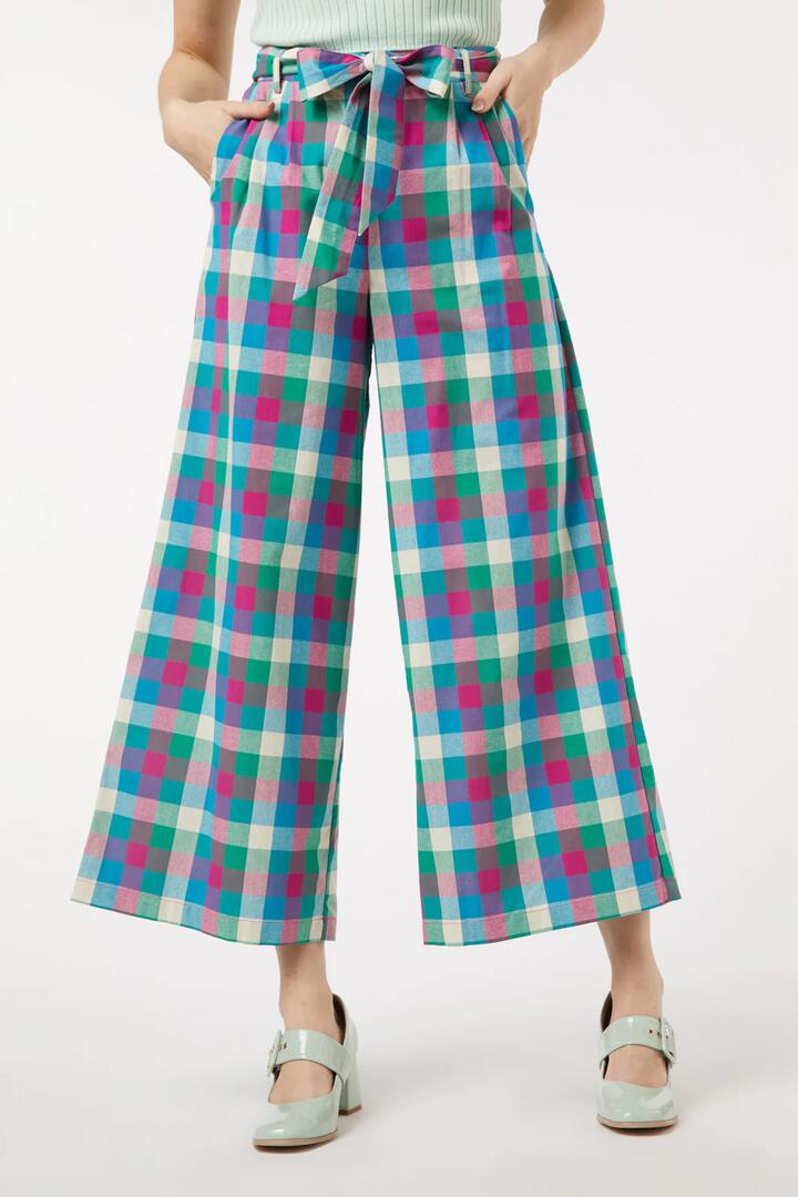 Image of a model wearing Pants. Productname: Karla Check Pant in Pink/Green colour by brand - Princess Highway