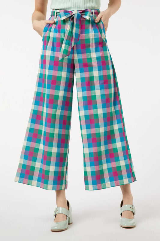 Image of a model wearing Pants. Productname: Karla Check Pant in Pink/Green colour by brand - Princess Highway