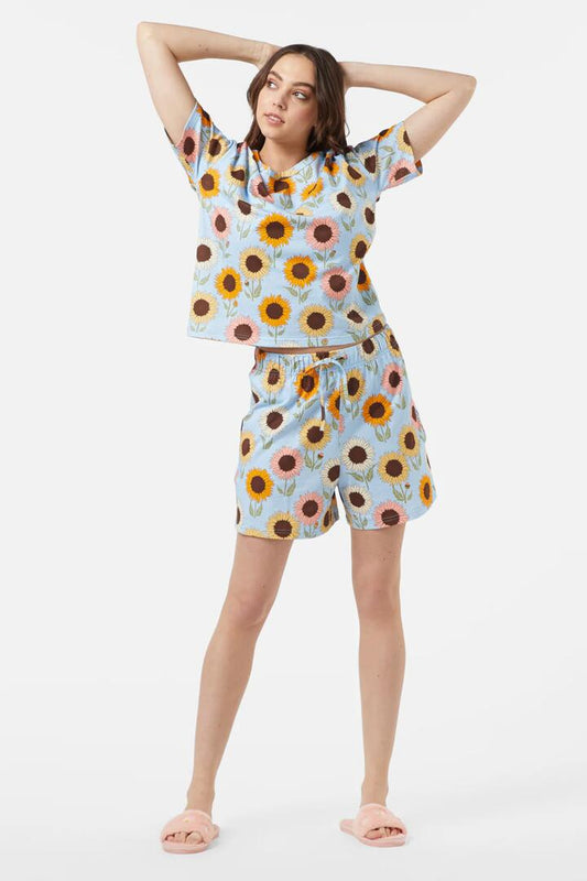 Image of a model wearing Shorts. Productname: Sunflower Lounge Short in Blue colour by brand - Princess Highway