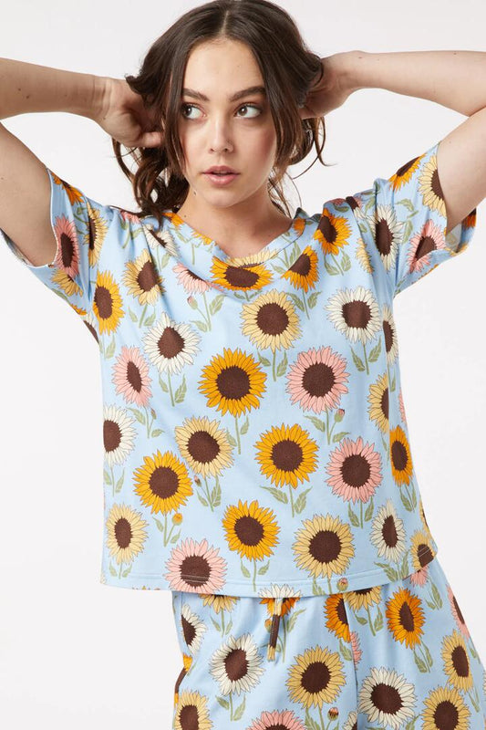 Image of a model wearing Tops. Productname: Sunflower Lounge Top in Blue colour by brand - Princess Highway