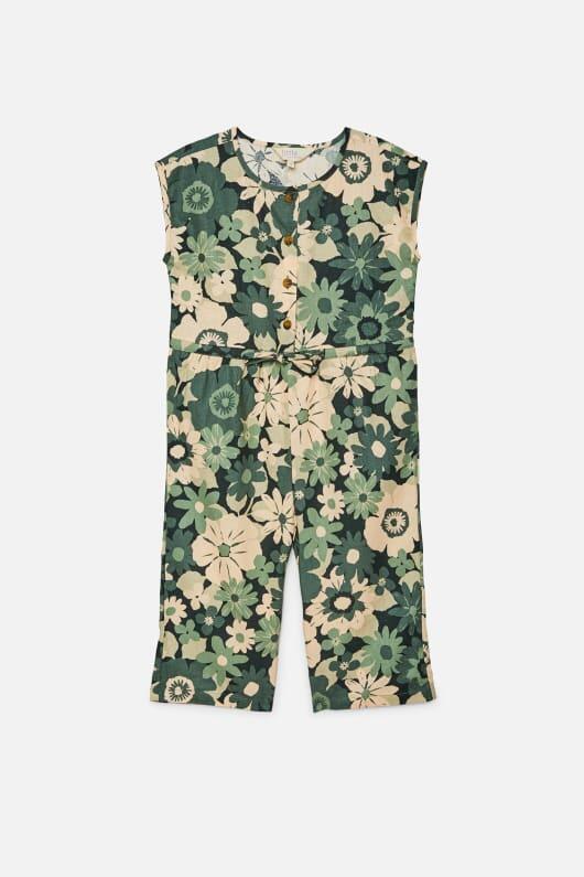 Image of a model wearing Outerwear. Productname: Twiggy Floral Kids Jumpsuit in Green colour by brand - Princess Highway Kids