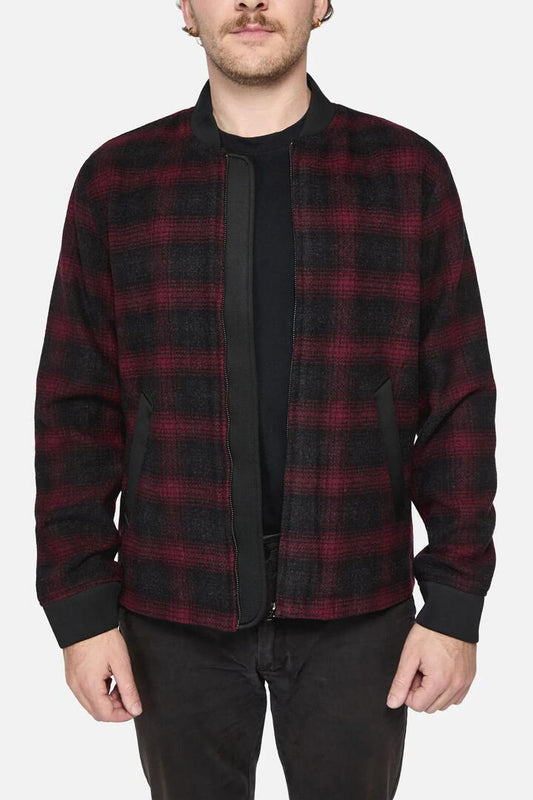 Image of a model wearing Outerwear. Productname: Check Sex Proof Jacket in Red colour by brand - Revival
