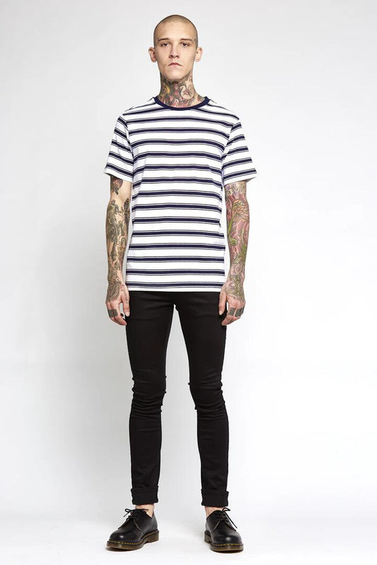 Image of a model wearing Tops. Productname: Wide Stripe Tee in White/Black colour by brand - Revival