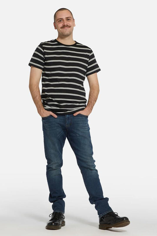 Image of a model wearing Tops. Productname: Jason Stripe Tee in Black colour by brand - Revival