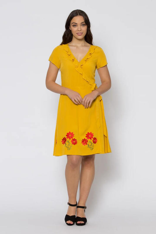 Image of a model wearing Dress. Productname: Country Festival Dress in Mustard colour by brand - Revival