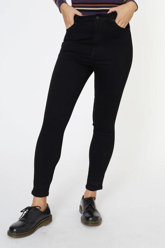 Image of a model wearing Pants. Productname: Chilly Mornings Pant in Black Denim colour by brand - Revival