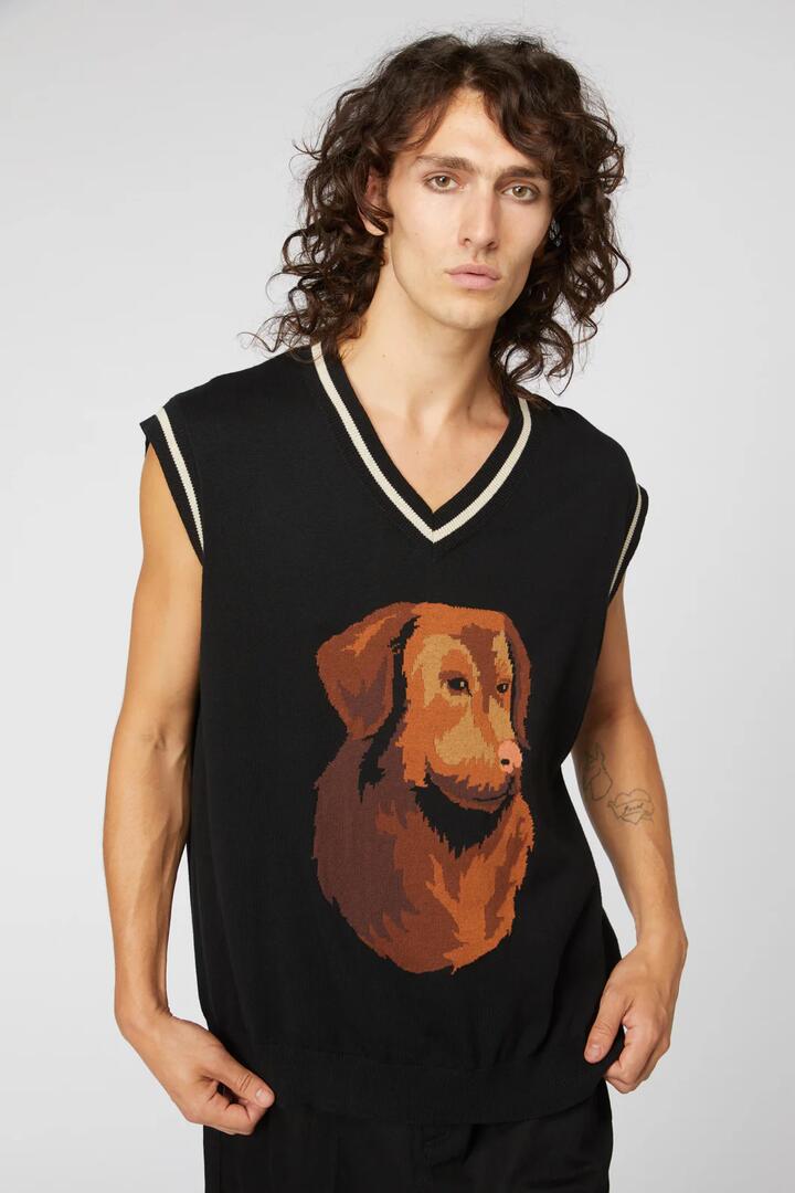 Image of a model wearing Tops. Productname: Doggo Knit Cotton Vest in Black colour by brand - Dangerfield