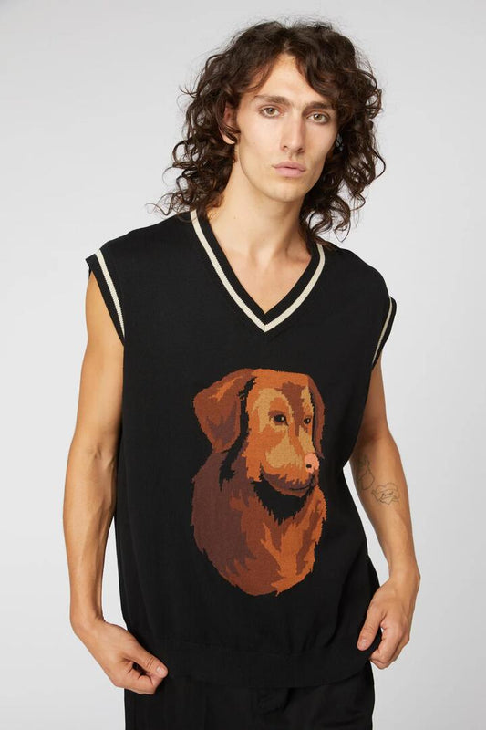 Image of a model wearing Tops. Productname: Doggo Knit Cotton Vest in Black colour by brand - Dangerfield