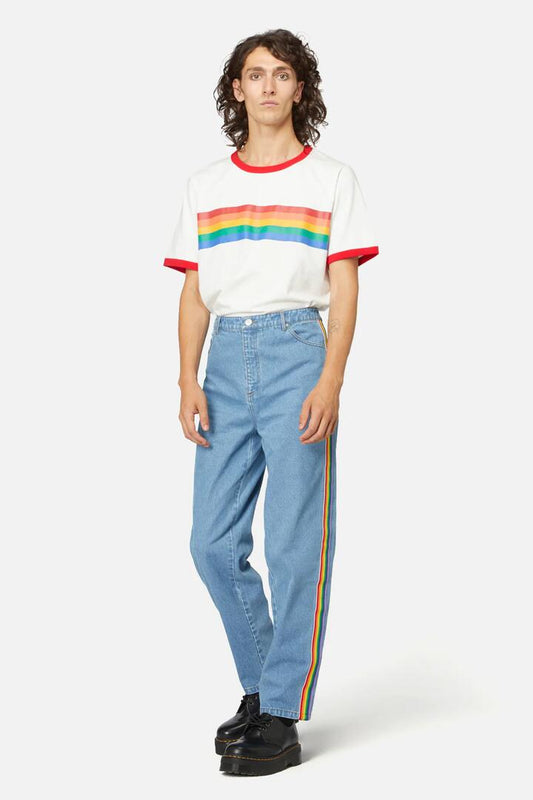 Image of a model wearing Denim. Productname: Denim Rainbow Unisex Jean in Blue colour by brand - Dangerfield