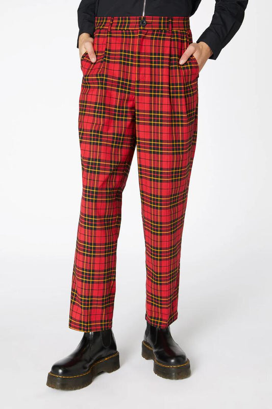Image of a model wearing Pants. Productname: Arcana Tartan Pleat Pant in Red colour by brand - Dangerfield