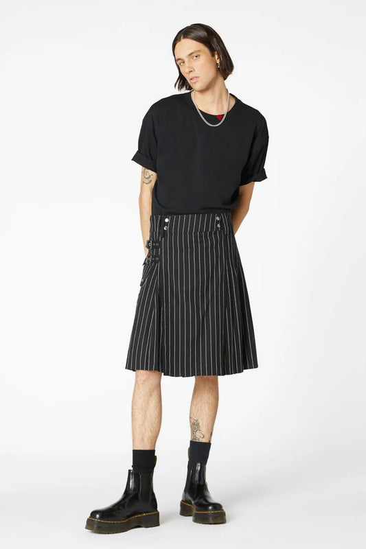 Image of a model wearing Skirts. Productname: Pin Stripe Unisex Kilt in Black colour by brand - Dangerfield