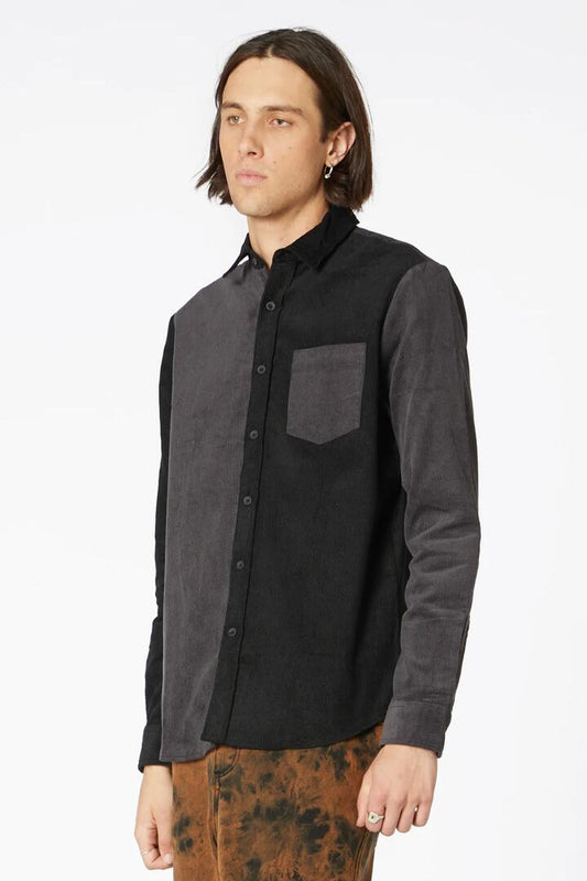 Image of a model wearing Tops. Productname: Split Cord Long Sleeve Shirt in Black/Grey colour by brand - Dangerfield
