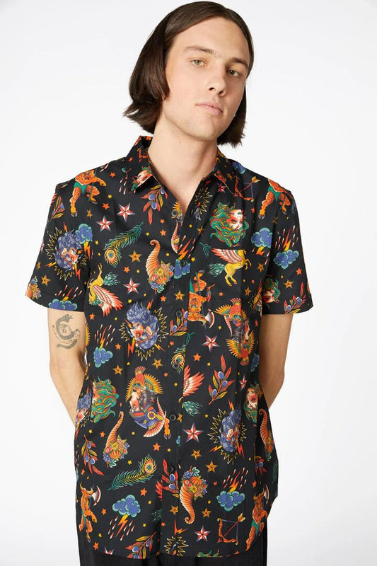 Image of a model wearing Tops. Productname: Tattoo Greek Myth SS Shirt in Black colour by brand - Dangerfield