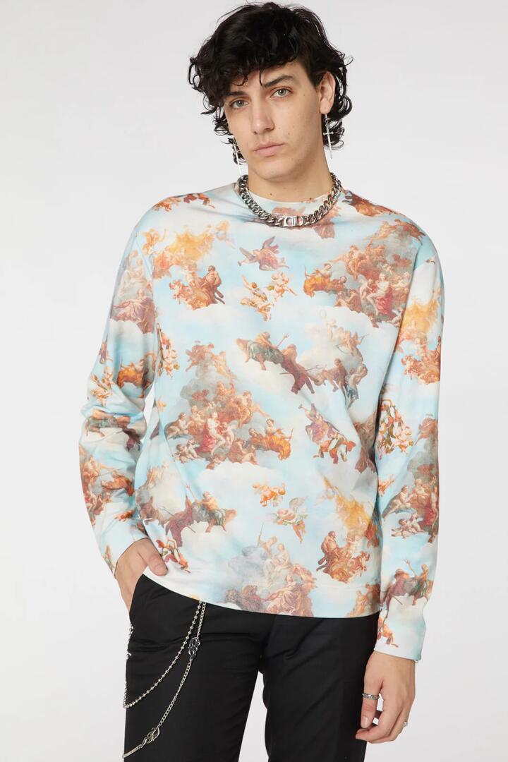 Image of a model wearing Outerwear. Productname: Printed Art Mural Sweater in Blue colour by brand - Dangerfield