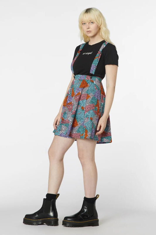Image of a model wearing Dress. Productname: Jurassic Pinafore in Black colour by brand - Dangerfield