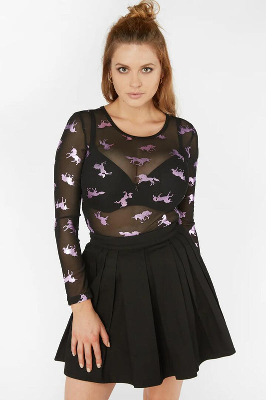 Image of a model wearing Tops. Productname: Unicorn Mesh Top in Black colour by brand - Dangerfield