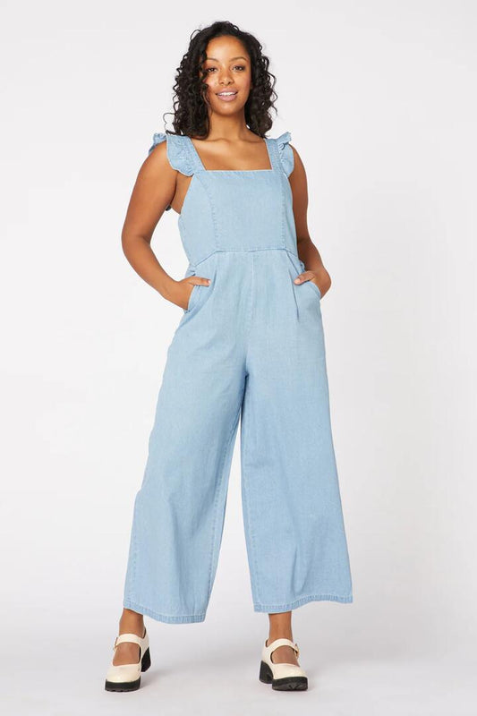 Image of a model wearing Outerwear. Productname: Thistle Jumpsuit in Light Blue colour by brand - Princess Highway