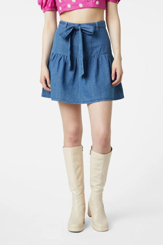 Image of a model wearing Skirts. Productname: Chambray Flippy Skirt in Mid Blue colour by brand - Princess Highway
