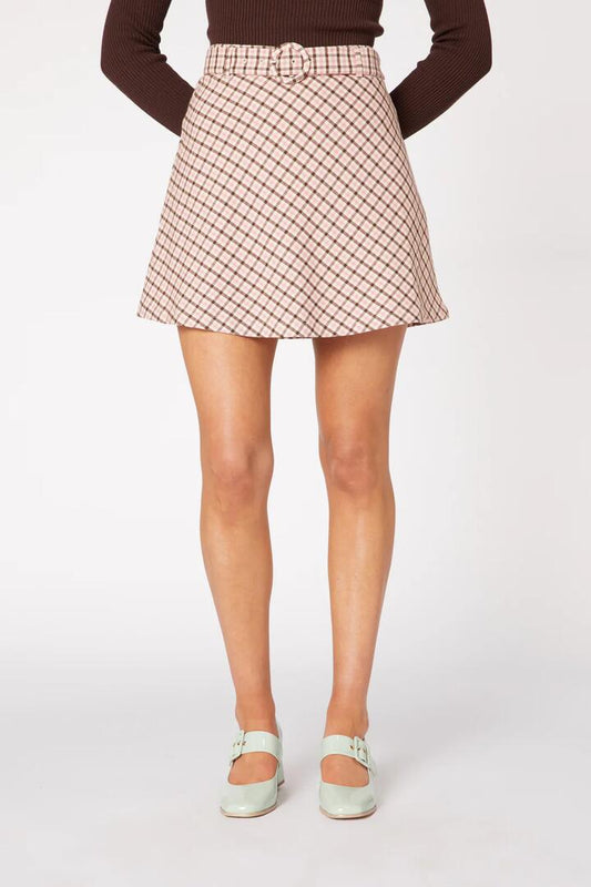 Image of a model wearing Skirts. Productname: Teigen Check Skirt in Pink colour by brand - Princess Highway