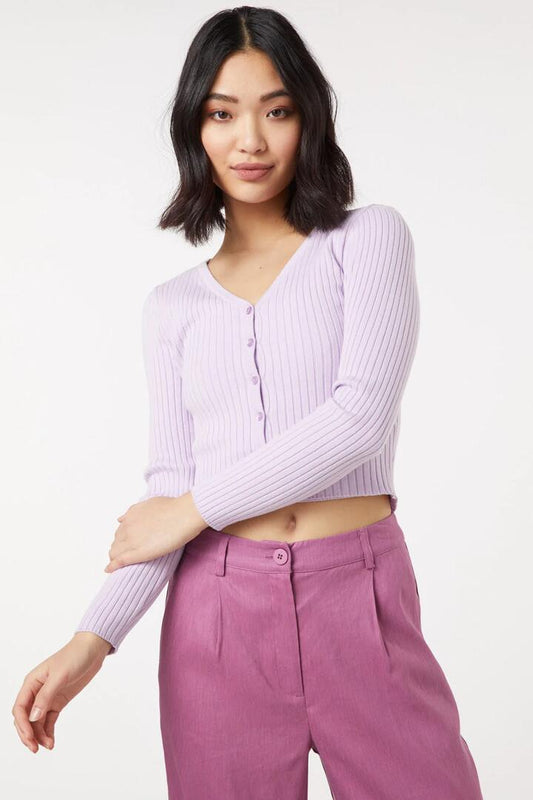 Image of a model wearing Outerwear. Productname: Sophia Cardi in Lavender colour by brand - Princess Highway
