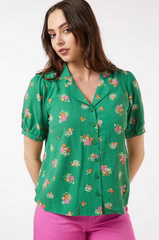Image of a model wearing Tops. Productname: Ziva Floral Shirt in Green colour by brand - Princess Highway