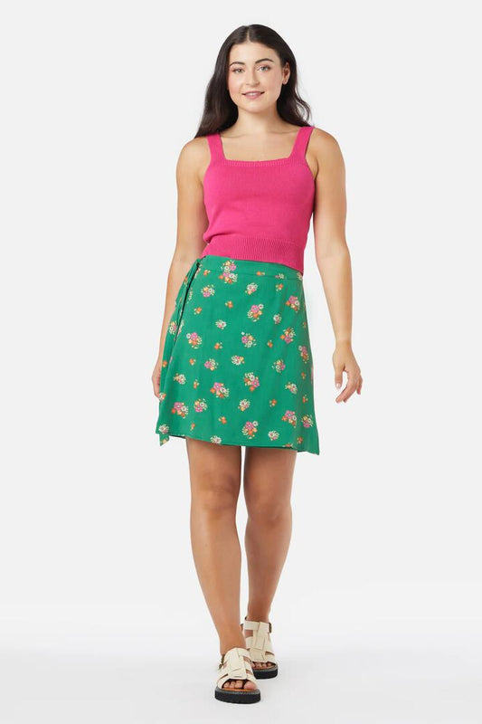 Image of a model wearing Skirts. Productname: Ziva Floral Mini Skirt in Green colour by brand - Princess Highway